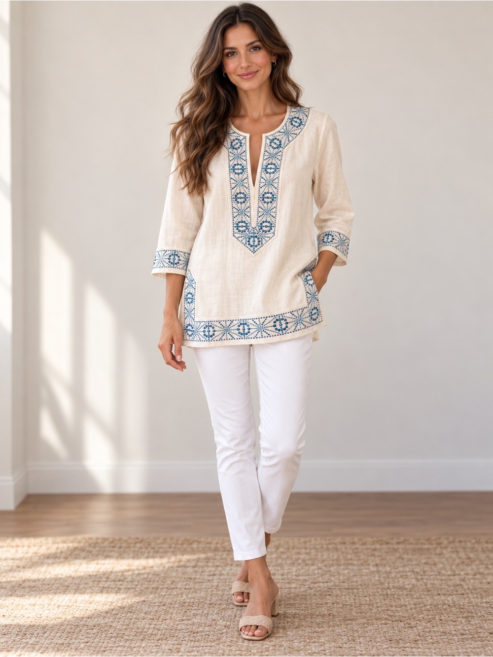 Tory Burch Blue Embellished Crystal Linen Tunic  Vintage Size 6